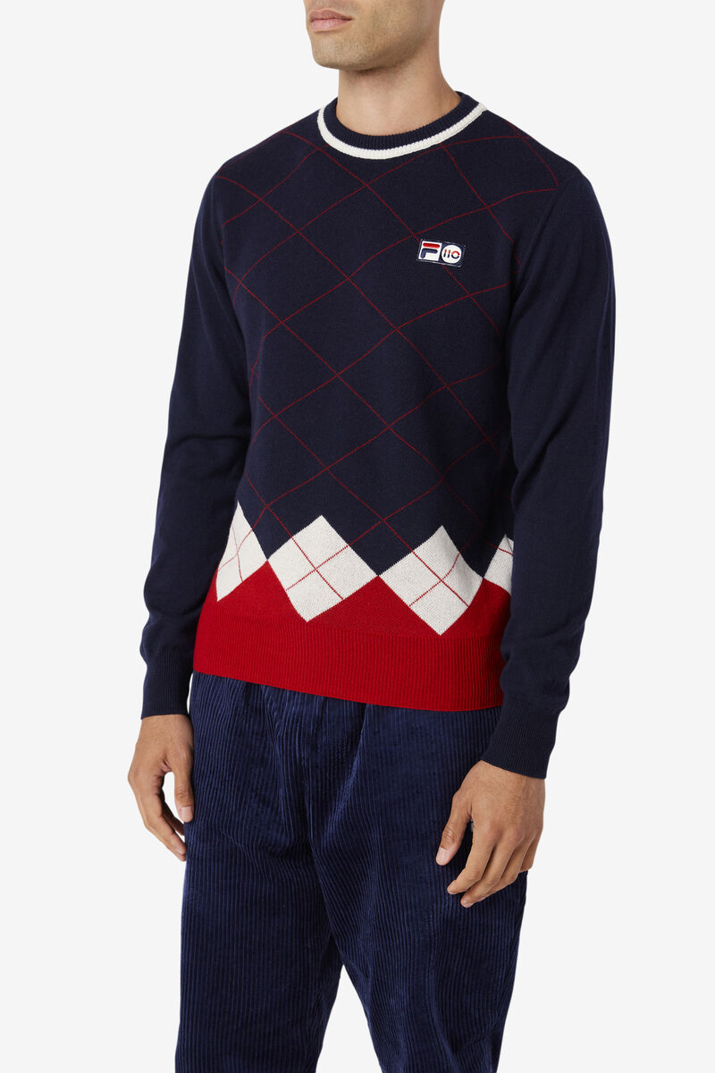 Fila 110 Argyle Crew Neck Cashmere Sweater Navy / White / Red | AmmrxADPsgV