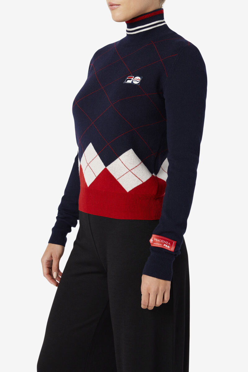 Fila 110 Argyle Mock Turtle Neck Cashmere Sweater Navy / White / Red | oq9cA9lYzXT