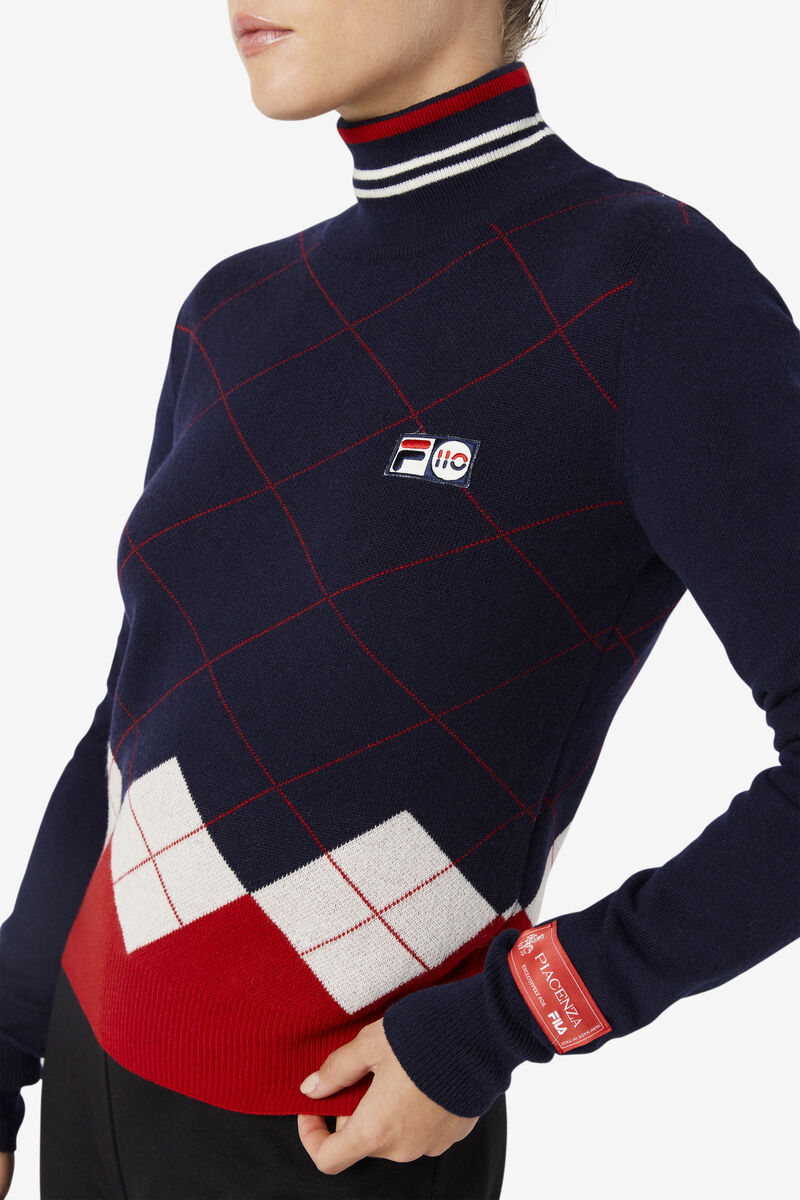 Fila 110 Argyle Mock Turtle Neck Cashmere Sweater Navy / White / Red | oq9cA9lYzXT