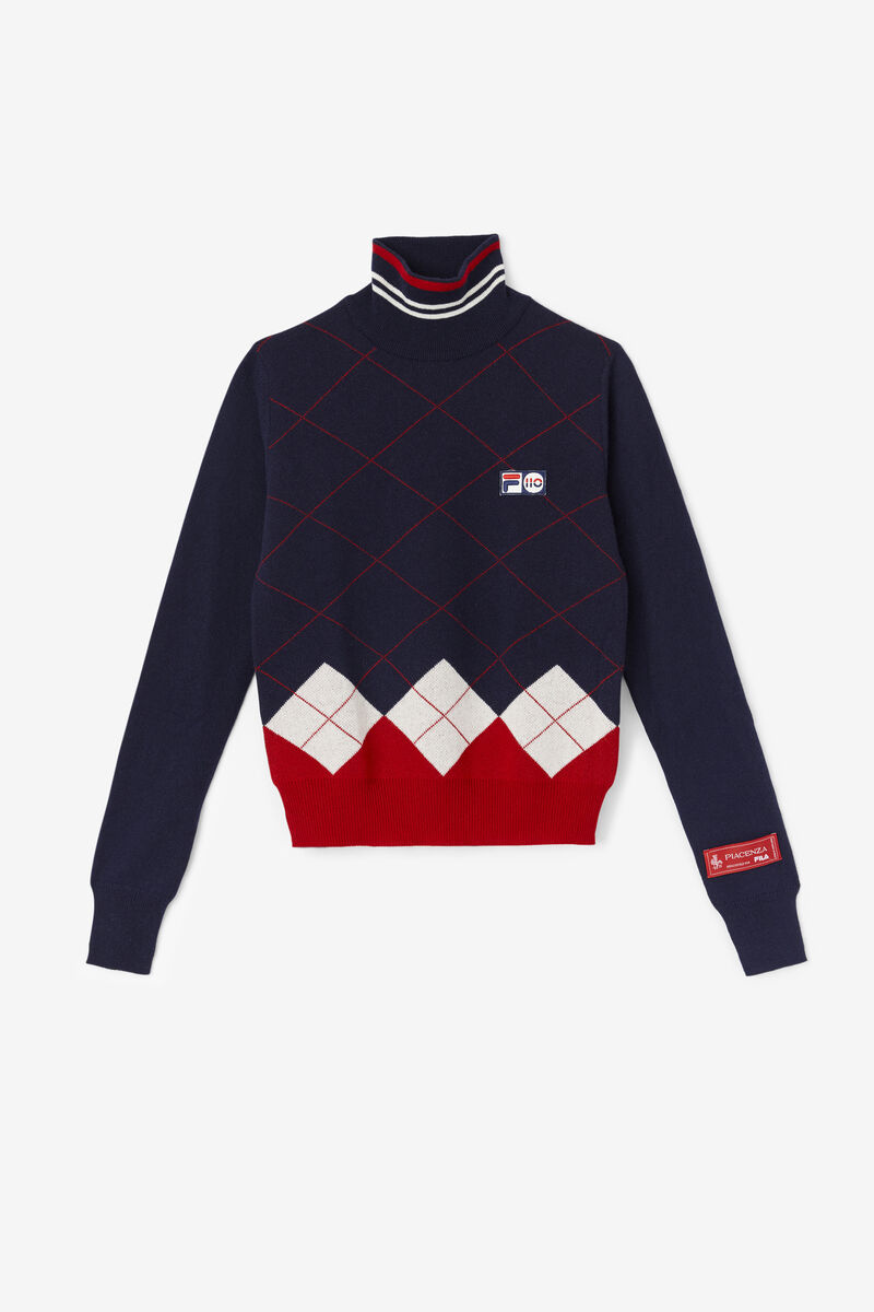 Fila 110 Argyle Mock Turtle Neck Cashmere Sweater Navy / White / Red | oq9cA9lYzXT